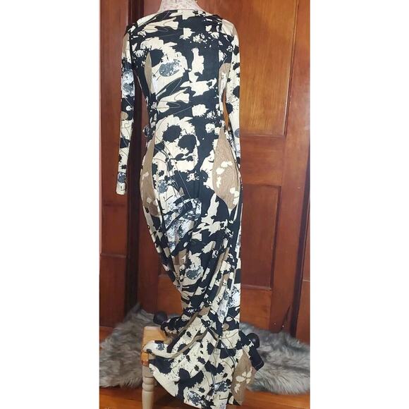 Handmade S Long Sleeve Round Neck Abstract Print Maxi Dress Brown Black Cream - Picture 9 of 9